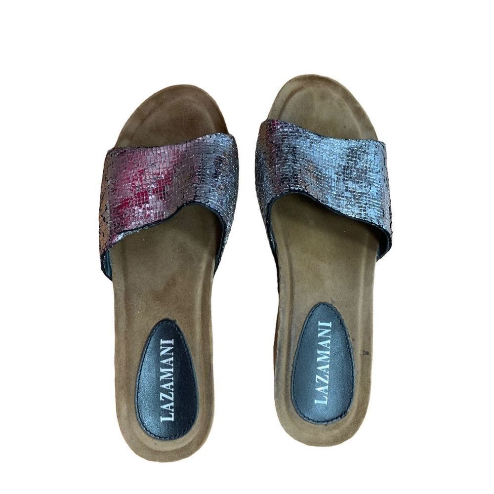 Lazamani Women's Silver Glitter Slip-On Platform Wedge Sandal Size 38
